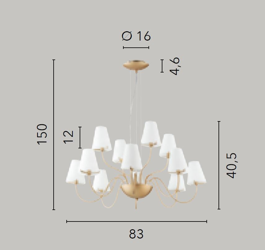 Sospensione 12 luci coppe vetro opale struttura metallo oro 12XG9 non incl. CANTO Sospensione 12 luci coppe vetro opale struttura metallo oro 12XG9 non incl. CANTO